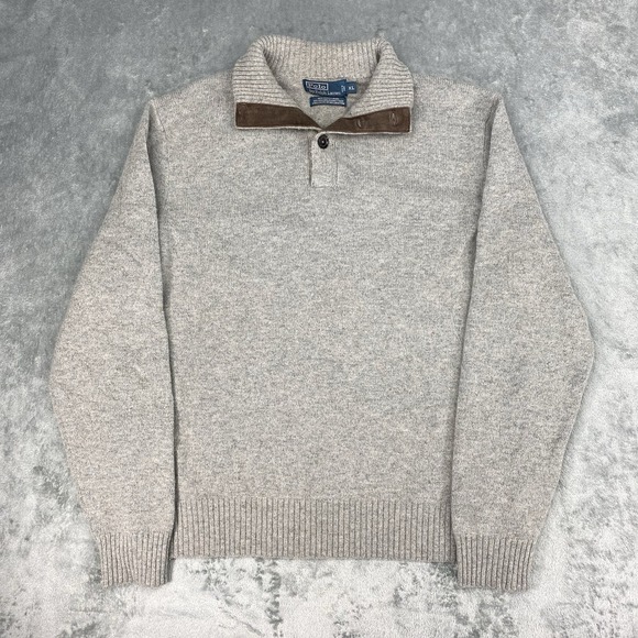 Polo Ralph Lauren Sweater Mens XL Grey Wool Angora Blend Button Mock Neck Suede - Picture 1 of 11